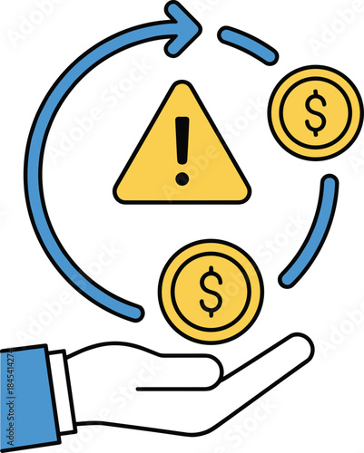 3. Abstract graphic depicting the concept of recurring economic problems or debt management, showing a flow of cash, a protective hand, and an important alert for corporate strategy and budgeting.