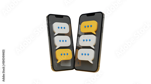 Two modern smartphones displaying chat bubbles with typing indicators in a communication concept isolated on transparent background