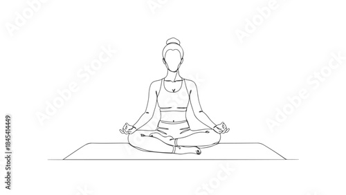 A line drawing of a person meditating in a lotus pose on a yoga mat, with hands resting on knees and fingers in a mudra.