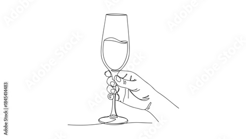 A single continuous line drawing of a hand holding a champagne flute filled with a bubbly beverage.