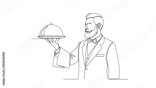 A distinguished waiter in a suit and bow tie presents a covered dish on a tray.