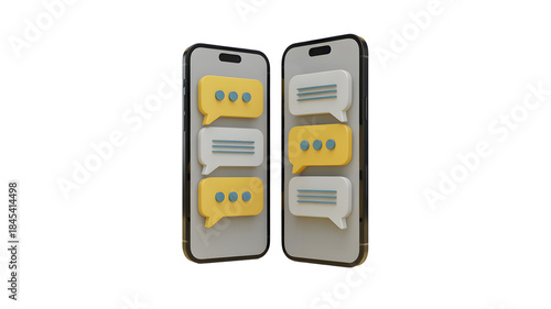 Two modern smartphones displaying chat bubbles with text messages isolated on transparent background