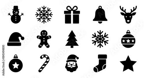 Festive Christmas Silhouette Icon Set (Vector) with Snowman, Snowflakes, Gifts, Bells, Reindeer, Santa, Tree, Candy Cane, Ornament and Stocking