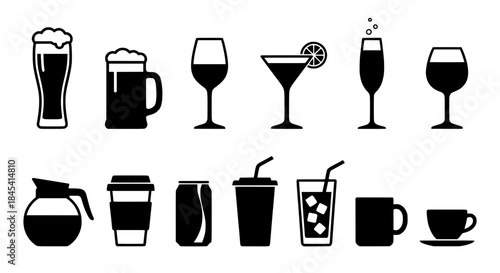 Array of Beverage Silhouette Icons: Glasses, Cups, Mugs, and a Carafe in Vector Style