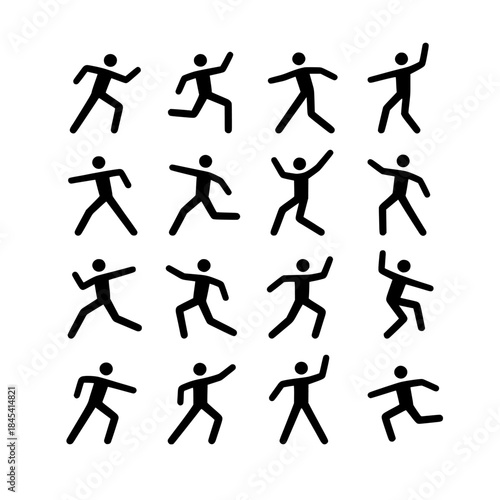 Grid of Dynamic Silhouette Stick Figures in Motion (Vector Illustration)