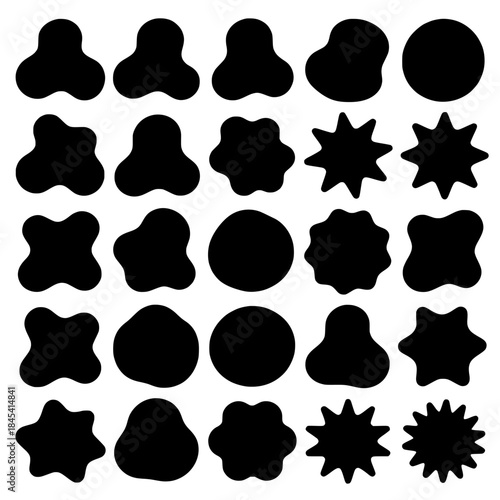 Grid of Black Silhouette Shapes: Abstract Blob, Circle, and Star Forms in a Monochrome Pattern