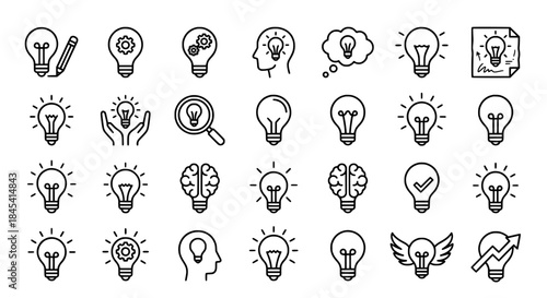 Grid of lightbulb silhouettes and concept icons in a vector illustration style
