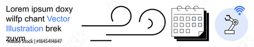 Automation, smart technology, manufacturing, robotics, planning, scheduling. Robot arm, wireless signal calendar abstract lines. Automation and smart technology concepts