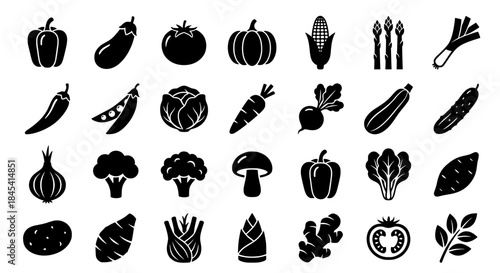 Vector silhouette collage of assorted vegetables in a grid