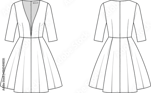 Elegant women’s deep V-neck midi dress technical flat illustration showcasing front and back views with detailed seams, pleats, stitching, and garment design elements.