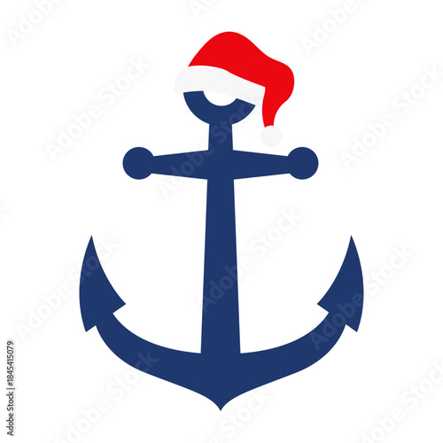 Logo nautical. Silueta de ancla de barco con sombrero de Santa Claus para tarjetas y felicitaciones de Navidad 