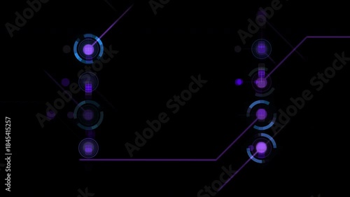 Futuristic HUD interface animation with circuit-style glowing blue and purple elements on black background
