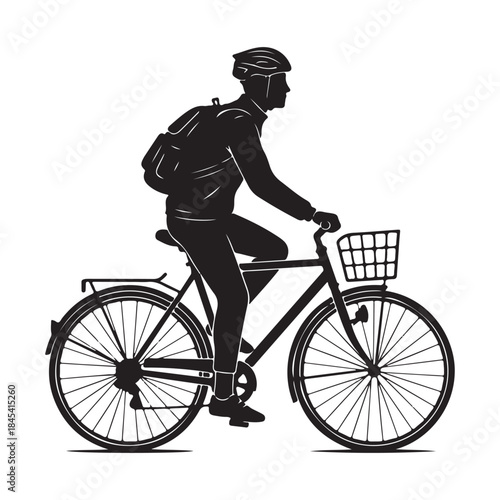 Cyclist safely commuting on a bicycle with a helmet, backpack, and front basket isolated on white background, Vector, illustration