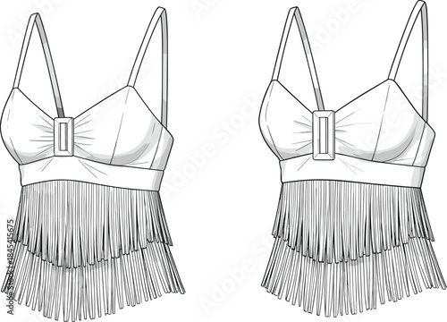 Elegant women’s fringe crop top vector illustration showcasing stylish bustier design, detailed garment construction, layered tassel hem, and modern fashion aesthetics.