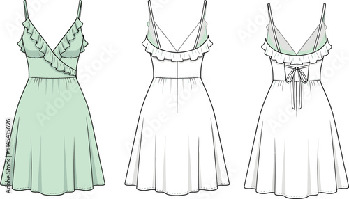 Elegant women’s ruffle trim summer dress vector illustration showing front, back, and tied-back views with soft flared skirt and delicate design details.