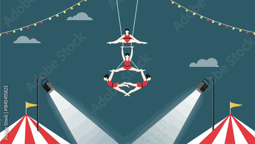 An elegant flat design vector illustration showcasing a team of trapeze artists performing an intricate aerial ballet at the Monte Carlo International Circus Festival. 