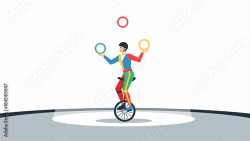 A cheerful flat design vector illustration of a friendly clown from the Monte Carlo International Circus Festival, expertly juggling three colorful balls. 