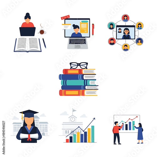 Collection of educational illustrations depicting online learning, graduation, and data analysis