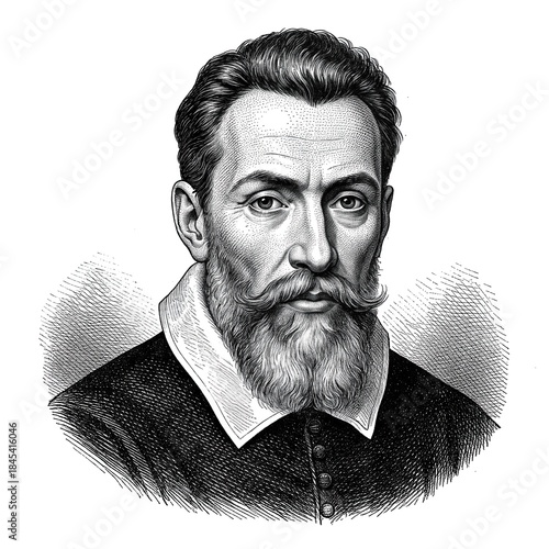 Black and white vintage engraving, close-up headshot portrait of Claudio Giovanni Antonio Monteverdi, the famous historical Italian classical music composer, white background, greyscale