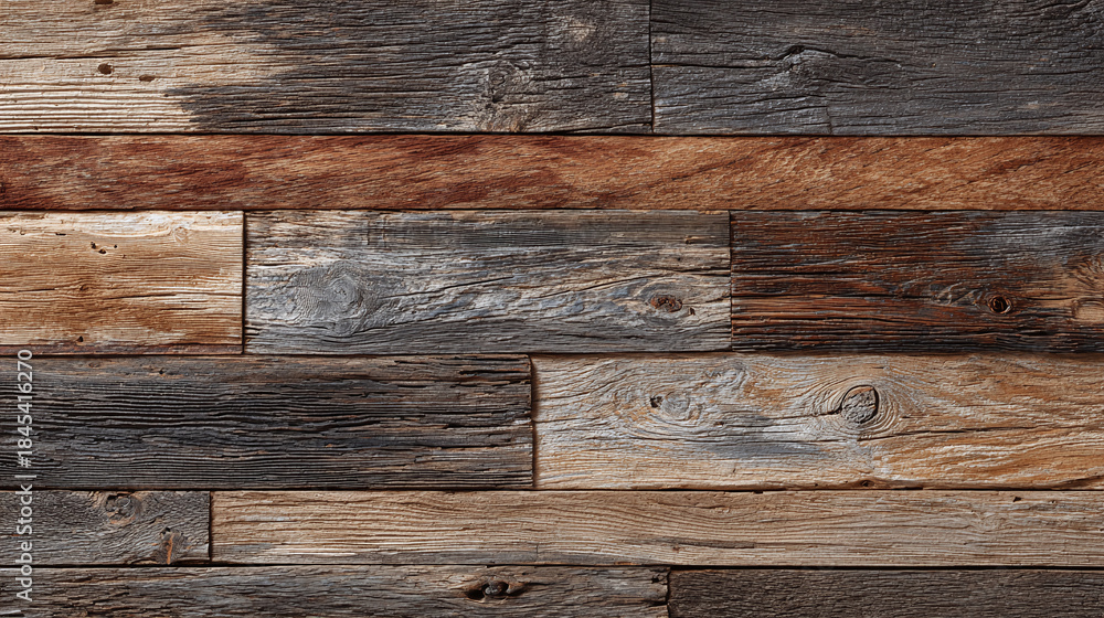 Naklejka premium A close-up view of weathered, textured wooden planks, showcasing natural colors and patterns