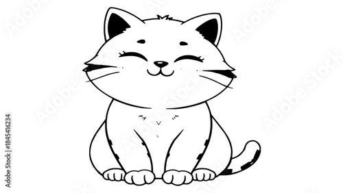 Charming hand-drawn line art illustration of an adorable, happy cartoon kitten with closed eyes, radiating contentment and sweetness, ideal for playful designs and pet-themed content
