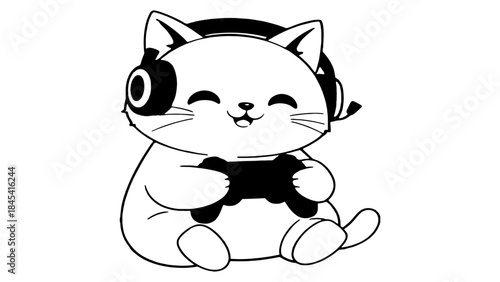Adorable cartoon cat character enjoying a gaming session while listening to music through stylish headphones, exuding pure joy and contentment