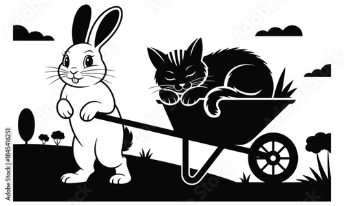 Rabbit Pulling Wheelbarrow with Cat Inside