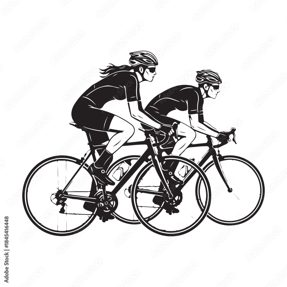 Obraz premium Two cyclists in a stylized black and white illustration, showcasing determination and speed isolated on white background, Vector, illustration