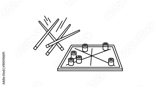 Illustration of a Mikado game with sticks and board.