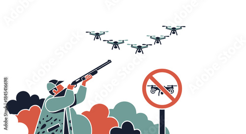 Hunter Drones No Drones Allowed Warning Icon Outdoor Prohibition Illustration for Safety Regulations, Hunting Areas, Environmental Protection, and Signage