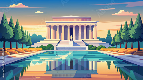 Very beautiful illustration of the Lincoln Memorial and its reflecting pool, symmetrical composition, soft daylight, calm water surface, and timeless atmosphere crafted for elegant vector design.