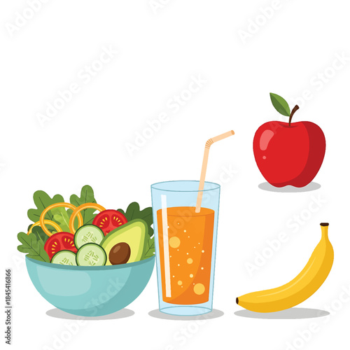 Vector illustrations of healthy food a fresh salad, orange juice, apple, and banana. Promoting balanced nutrition, a wholesome diet, and wellness