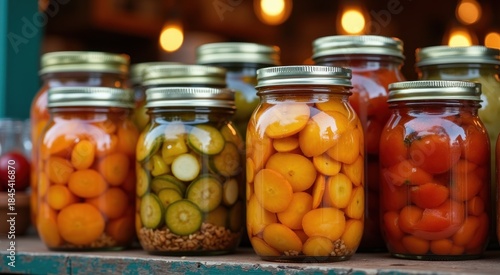 Many jars of pickled vegetables on a shelf