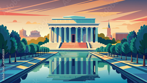 Very beautiful illustration of the Lincoln Memorial and its reflecting pool, symmetrical composition, soft daylight, calm water surface, and timeless atmosphere crafted for elegant vector design.