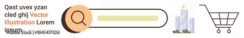 Online shopping, urban development, e-commerce, digital search, navigation tools, retail activities. Magnifying glass icon with search bar, cityscape and cart symbol. Online shopping and digital