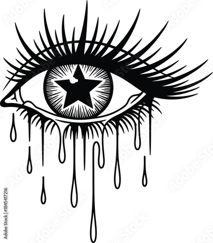 Black and white illustration of a crying eye with a star pupil