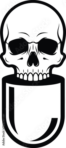 Black and white skull with pill shape below human skull