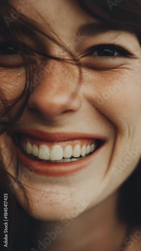 Close-up of a laughing woman with freckles and red lipstick