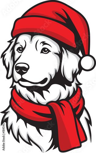 A charming golden retriever portrait adorned with a vibrant red santa hat and cozy scarf festive spirit