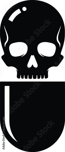 Black skull and capsule graphic on white background