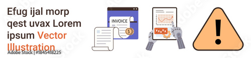 Financial planning, risk management, data analysis, payment tracking, business tools, technology. Document icons, graph with hands and warning triangle icon. Financial planning and risk management