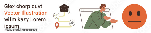 Education, online interaction, digital platforms, language learning, academic progress, communication. Graduation cap, avatar in a browser and emotion. Education and online interaction concepts