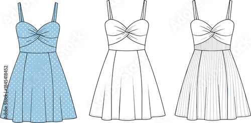 Elegant women’s summer dress vector illustration showing polka-dot, plain, and pleated variations with detailed fashion design, garment construction, and apparel outlines.