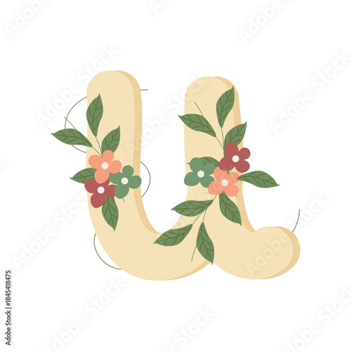 letter U in flat style, decorated with colorful flowers and green leaves, creating a delicate and botanical look. Ideal for invitations, stationery.