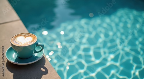 Cup of coffee on a saucer near a pool