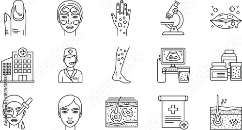 Medical, Skincare, and Dermatology Icons Set: Beauty, Treatment, Diagnosis, Health, Facial, Ultrasound, Skin Cell, and Professional Care Vector.