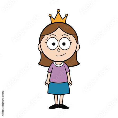 A cute cartoon girl wears a shiny crown, smiling with big bright eyes. Her playful pose and colorful outfit give a fairy-tale princess vibe, full of charm and joy.
