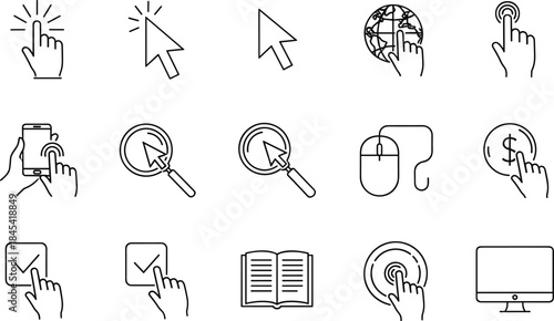 Minimalist Line Art Digital User Interface Icons Set: Cursor, Gesture, Mobile, Web, Interaction, E-commerce, Selection, Learning, and Computer Device Elements Vector.