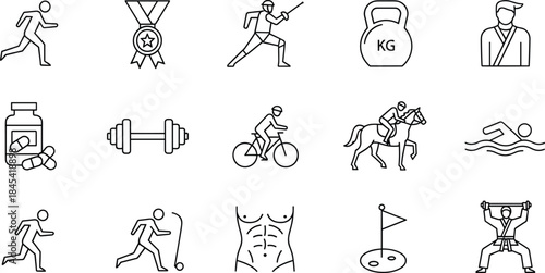 Sports and Fitness Activity Icons Set: Running, Cycling, Training, Martial Arts, Supplements, Fencing, Swimming, and Healthy Lifestyle Vector.
