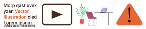 Media playback, remote work, caution alert, minimalism, technology, workspace productivity. Play button, desk with chair and plant warning triangle. Media playback and remote work conceptual